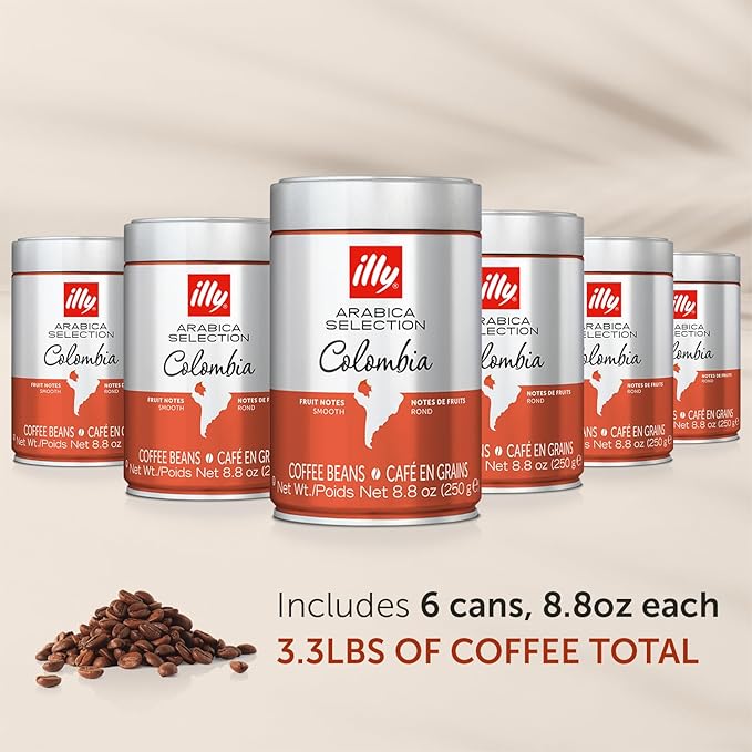 Illy Whole Bean Coffee Colombia Medium Roast - Notes of Citrus and Red Fruits - 100% Arabica - Whole Beans - Pressurized Packaging Sealed for Freshness – 8.8oz Can (Pack of 6)