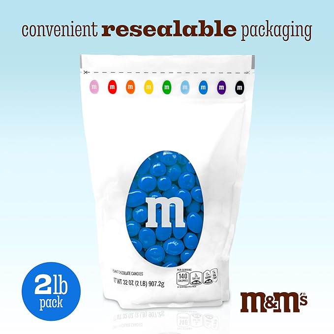 M&ampM’S WORLD Peanut Blue Chocolate Candy 2lbs of Bulk Candy in Resealable Pack for Graduations Weddings 4th of July Birthday Parties Candy Bars Dessert Tables &amp DIY Party Favors