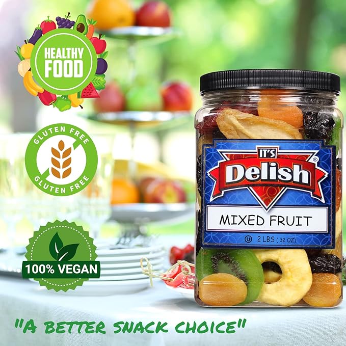 Dried Mixed Fruit with Prunes by It's Delish 2 lbs (32 Oz) Jumbo Container | Snack Mix of Prunes Apricots Plums Apple Rings Nectarines Peaches Pears Kiwi Slices | Dry Fruits - Vegan Kosher Hea