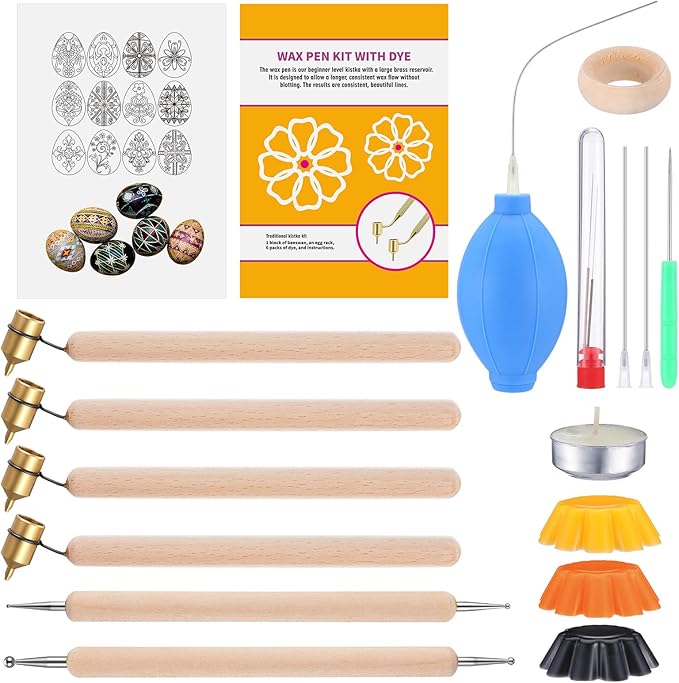 Blushtier 18 Pcs Pysanky Supplies Ukrainian Easter Egg Decorating Kit-0.2 0.3 0.4 0.5mm Kistka Pen Drop Pull Tool Stand Beeswax Candle Egg Blower and Instructions for Color Easter Eggs DIY Supply
