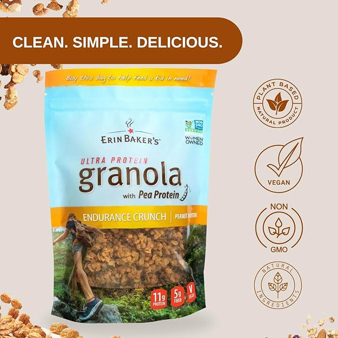 Erin Baker's Ultra Protein Granola Endurance Crunch Peanut Butter Vegan Non-GMO Granola Cereal 12 Ounce (Pack of 6)