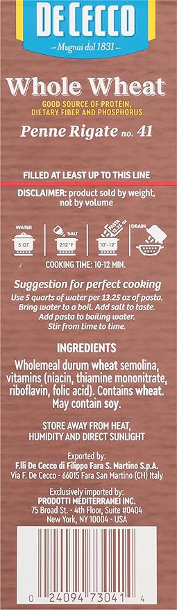 De Cecco Pasta Whole Wheat Penne Rigate No.41 13.25 OZ (Pack of 12) - Made in Italy High in Protein &amp Iron Bronze die