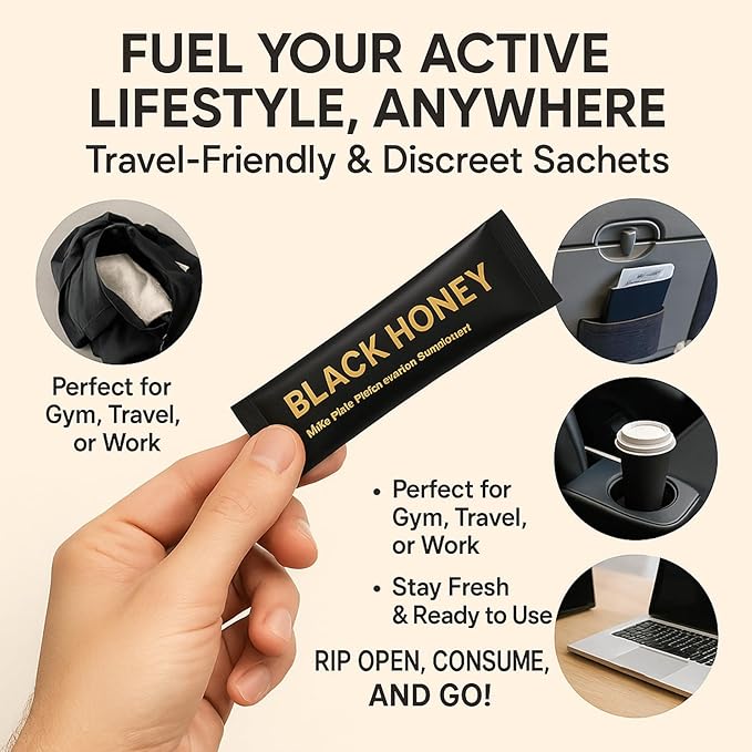 Black Honey Sticks Natural Energy &amp Vitality Packs – Raw Organic Honey with Maca Ginseng &amp Black Ginger Extracts Travel-Size Sachets Male Wellness &amp Daily Support (Box of 10)