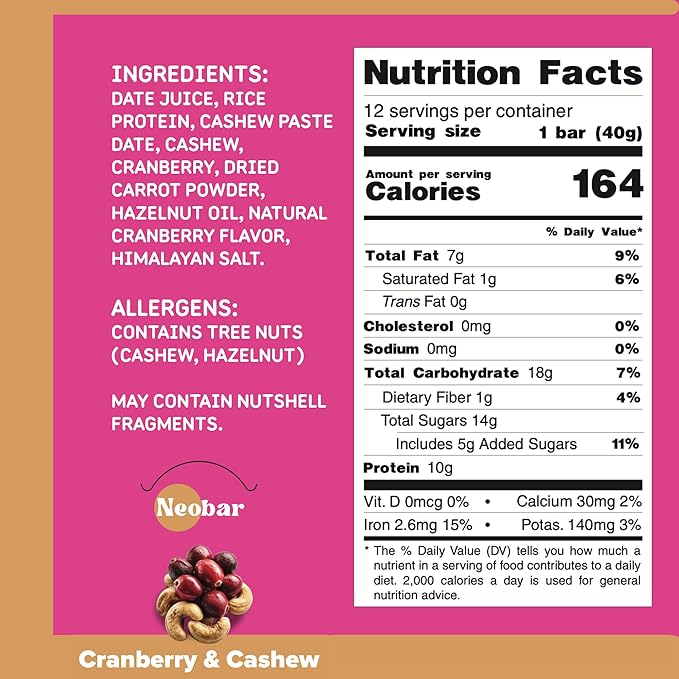 NEOBAR 10g Plant-Based Protein Fruit and Nut Bars - Vegan Snack Bars Gluten Free Dairy Free Snacks No Preservatives No Refined Sugars Added Non-GMO | Cranberry &amp Cashew 12 Count