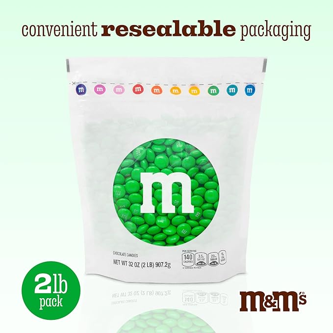 M&ampM’S WORLD Green Milk Chocolate Candy2lbs of M&ampM'S Resealable Pack for Candy BarsChristmasSt. Patrick's Day PartiesBirthdaysGraduationsDessert Tables &amp DIY Party FavorsBulk Chocola