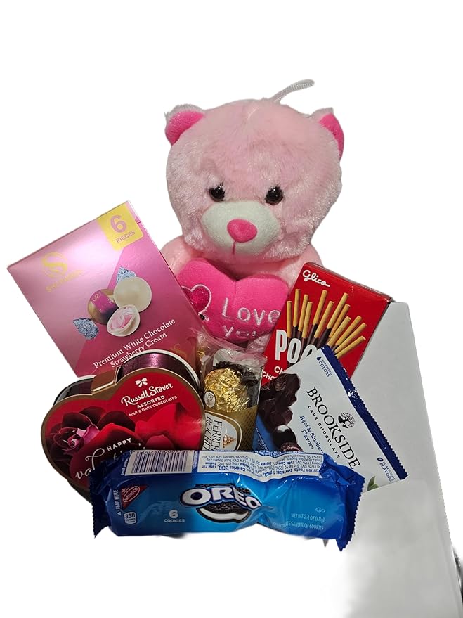 Valentines Day Gift Teddy Bear with Chocolates and Cookies Assortment 10 Inches (pink)