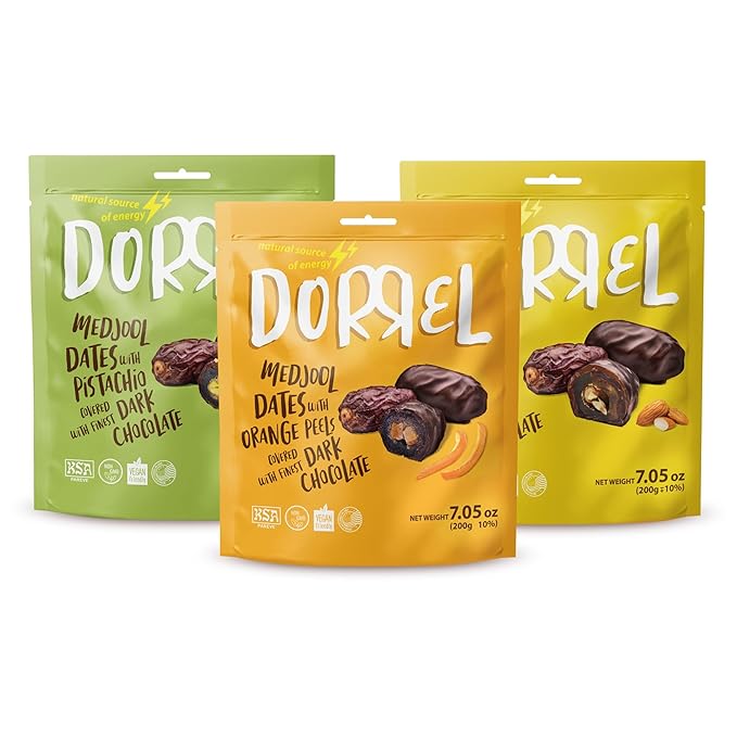 DORREL - Trio Bundle Pack: Belgian Dark Chocolate Covered Dates Medjool with Candied Orange Peels Salted Almonds &amp Pistachio Stuffing High Energy Kosher Non-GMO Choco Snack Pack of 3 7.05 oz Ea