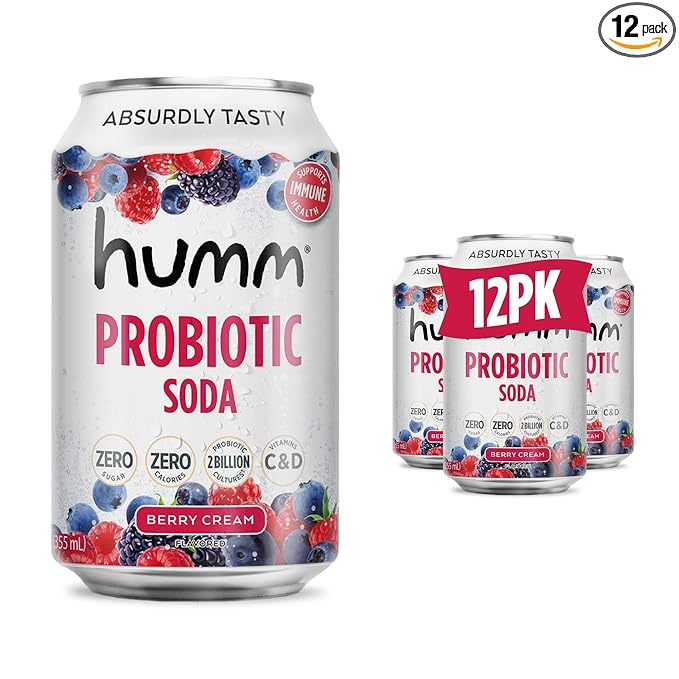 Humm Sparkling Probiotic Berry Cream Soda Zero Sugar Zero Calorie 2 Billion Probiotics Vitamin C D and B12 12 fl oz (12 Pack)