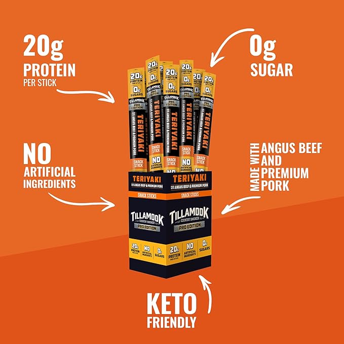 Tillamook Country Smoker PRO Edition Meat Sticks Zero Sugar Teriyaki 2 Oz (8 Sticks) Real Hardwood Smoked Sausages Angus Beef and Pork High Protein Individually Wrapped Keto Snack for Athletes
