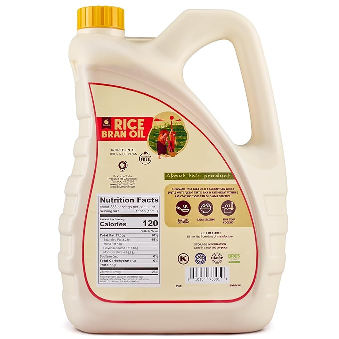 Gourmanity Rice Bran Oil Bulk 1.32 Gallon Easy Pour Bottle Heart Healthy Oil Made From 100% Pure Rice Bran Perfect for Cooking Frying &amp Skincare Non GMO Halal Kosher (169 fl oz/1.32 gal)