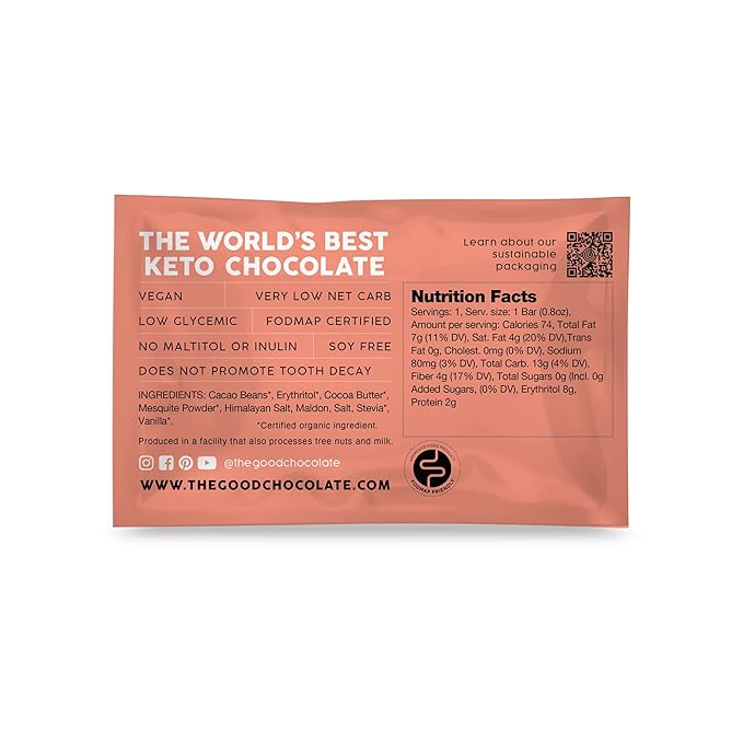 THE GOOD CHOCOLATE - Mini Himalayan Salt Chocolate Bars with Zero Sugar &amp Lower Net Carb - Keto Chocolate Bar Offers Lower Calorie Chocolate Candy - All Natural Non-GMO (Pack of 10)