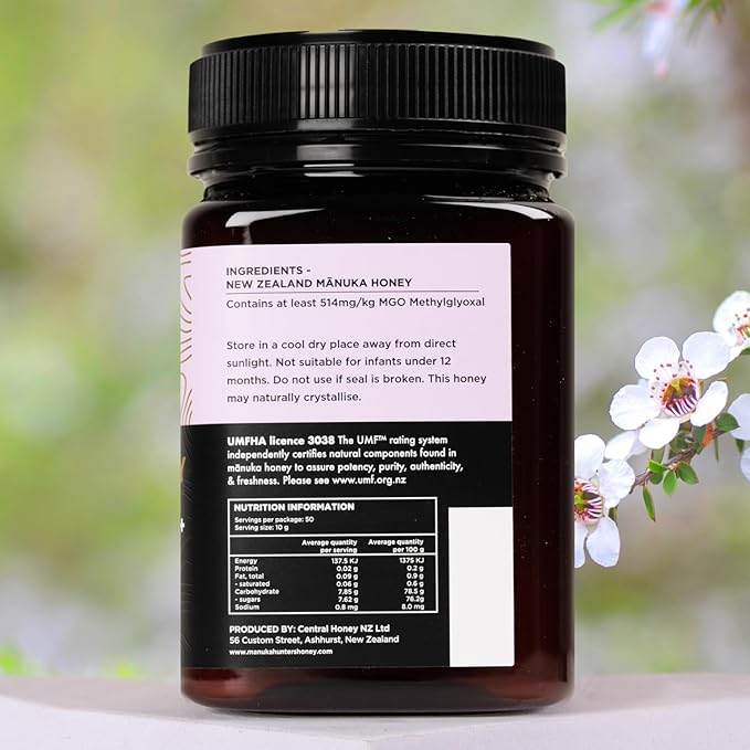 Manuka Hunters UMF 15+/MGO 514+ Certified New Zealand Manuka Honey - 100% Pure Natural Sweetener - Gluten Dairy Free - Ideal for Tea Coffee Smoothies and Baking - Sustainable - 1.1lbs/500g Jar