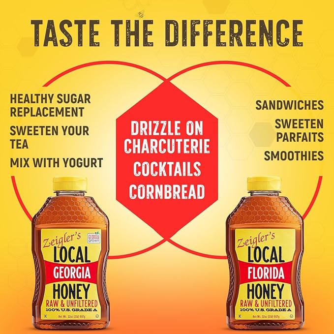 Zeigler's Local Georgia &amp Local Florida Honey (32x2 oz Value Pack of 2) – All Natural Pure Raw &amp Unfiltered Award Winning Honey – Perfect for Tea Yogurt Parfaits Toast and Cornbread