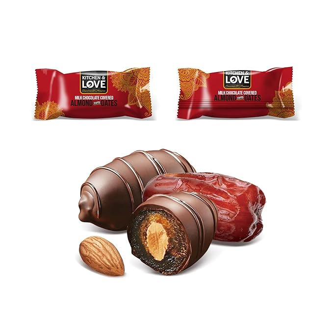 Kitchen &amp Love Milk Chocolate Covered Almond Stuffed Dates in a Convenient Resealable Pouch 8 Individually Wrapped Pieces Healthy Snack 3.5 oz pouch (Pack of 4)