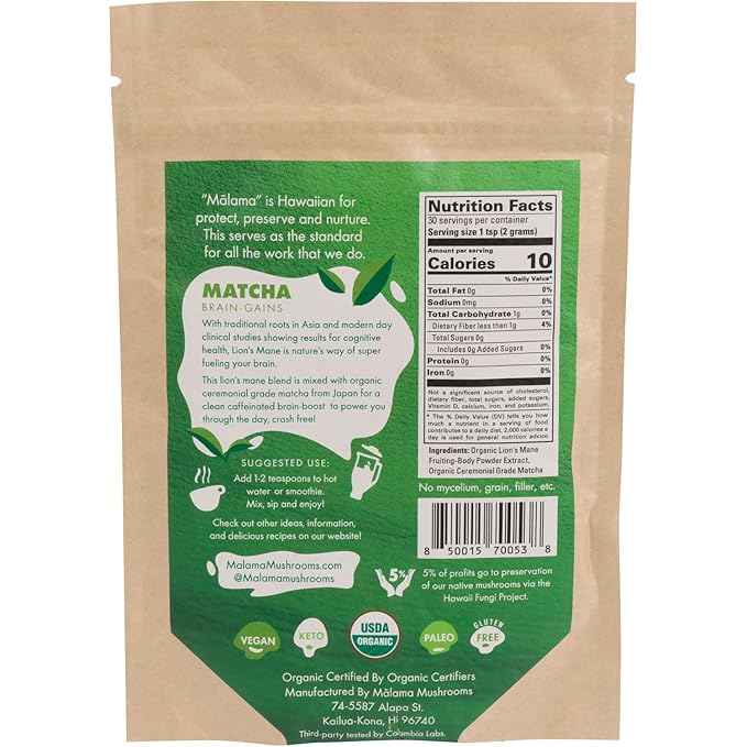 Malama Ceremonial Grade Matcha Powder - Premium Japanese Matcha Green Tea Powder with Organic Lion’s Mane Extract - Organic Gluten-Free Vegan &amp Unsweetened (2.1 oz) for Energy &amp Focus