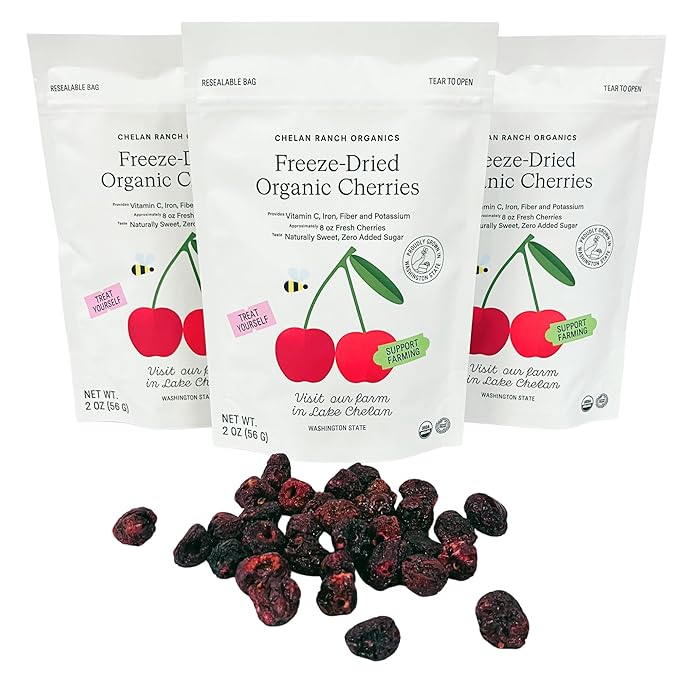 Chelan Ranch Organics Freeze-Dried Organic Cherries Non-GMO &amp Vegan 2 Ounce Bag (3-Pack)