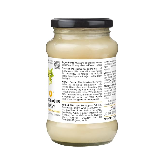 INDIGENOUS HONEY Crystallized Mustard Sarso Honey Raw Natural Pure Unprocessed NMR Tested Unpasteurized Unheated 530g Glass Jar Pack of 1