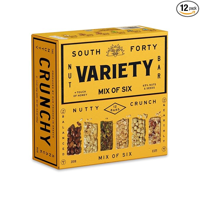 South 40 Snacks Crunchy Nut Bars Mix of 6 Variety Pack Touch of Honey Natural Protein (40g Bar Pack of 12)