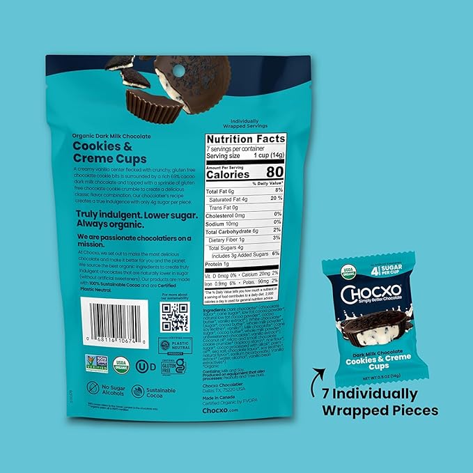Chocxo Dark Milk Chocolate Cookies &amp Crème Cups - Lower Sugar 69% Organic Cacao NonGMO Keto Gluten Free Kosher No Artificial Sweeteners/Sugar Alcohols 3.45 oz (Pack of 6)
