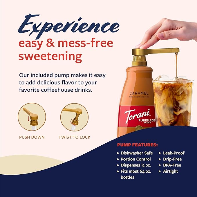 Torani Puremade Caramel Sauce for Coffeehouse Drinks and Desserts Large 4lb Bottle Pump Included 64 Fl Oz