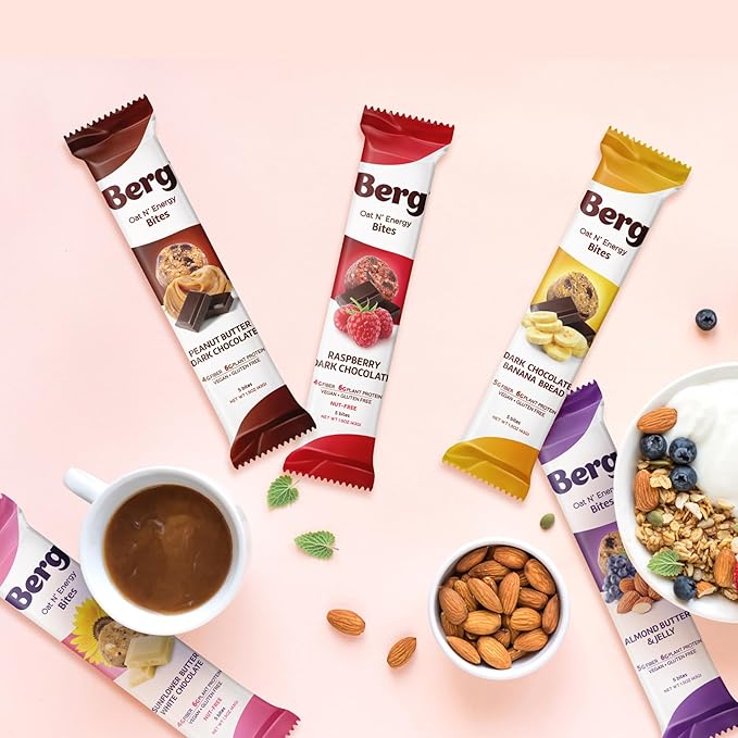Berg Oat N' Energy Bites - Peanut Butter &amp Dark Chocolate - Non-GMO Gluten Free Dairy Free Soy Free and Vegan - Clean Energy Snack - 1.5oz (8 Pack)