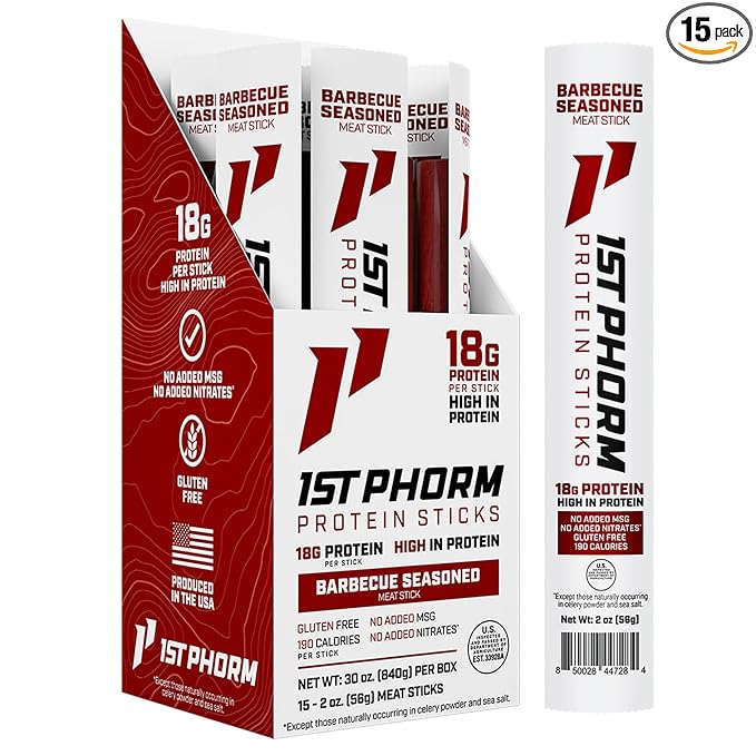 1st Phorm Meat Sticks Seasoned BBQ 18G Protein per Serving USA Raised Lean Beef and Pork High Protein Snacks Gluten Free No Msg or Nitrates Individually Wrapped 15 Count