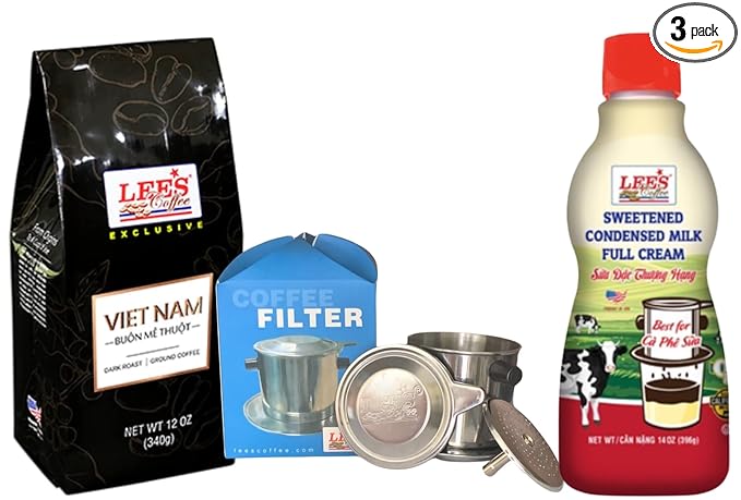 Lee's Coffee The best of Vietnamese Milk Coffee Combo Kits - Bo Ca Phe Phin Ket Hop Sua Dac Ngon Dam Dac Lee Coffee - Included Ground Buon Me Thuot Coffee with the Coffee Fillter and Sweetened Condens