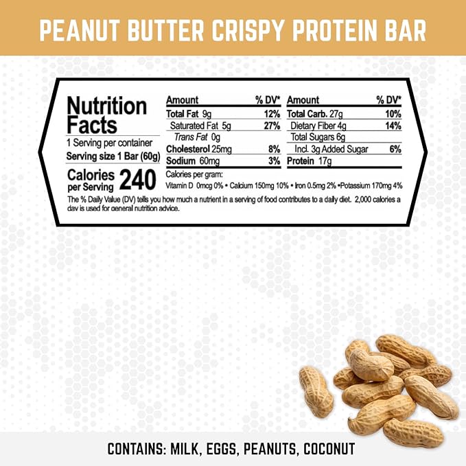 Battle Bars Crispy Protein Bar 17g Protein per serving - Gluten Free No Artificial Flavors or Colors - Veteran Owned - Peanut Butter (60g) 10 Count