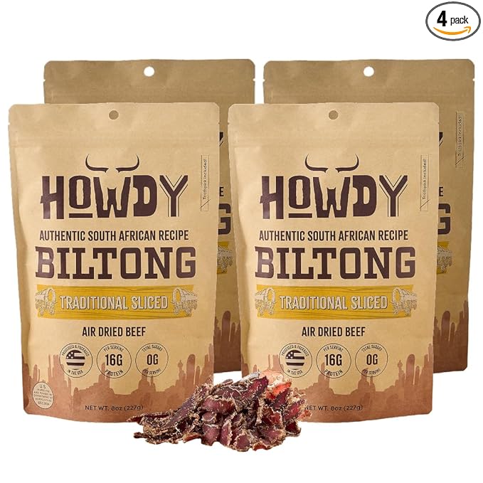 Howdysnax Handcrafted Authentic Small Batch Beef Biltong Traditional Slices 8oz. Sugar Free Paleo Keto Friendly High Protein Jerky Snack (4 8oz Packs)