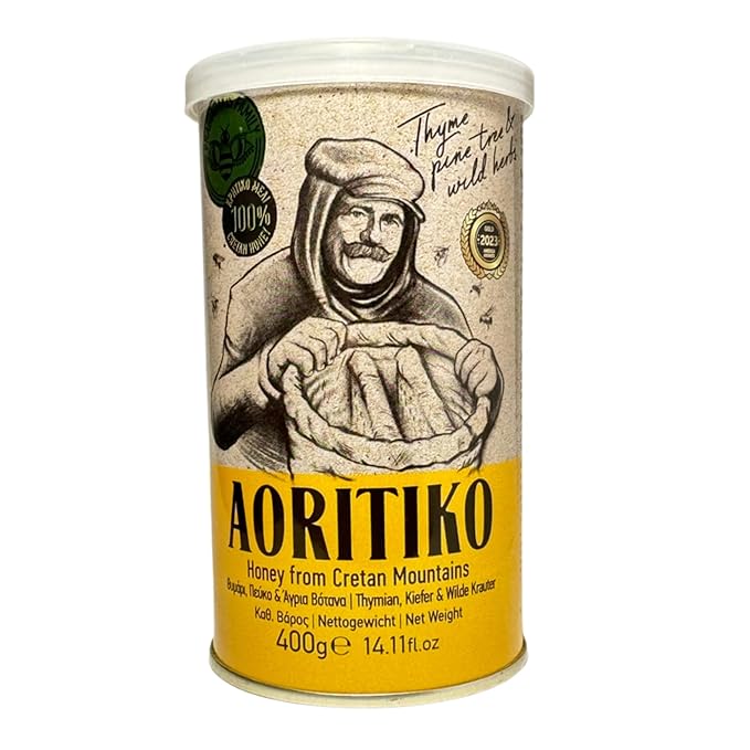 Aoritiko Pure Cretan Mountain Honey | Greek Honey | 100% Natural Wildflower &amp Herb-Infused Rich Aromatic Flavor Harvested from Pristine Greek Flora | 400 gram can