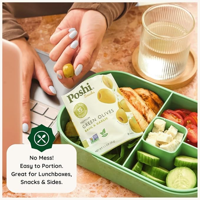 POSHI Green Pitted Olives - Basil &amp Garlic | Vegan Kosher Gluten Free + Keto Friendly Fresh Low Calorie Healthy Snacks | (30 Pack 1.1oz Bags)