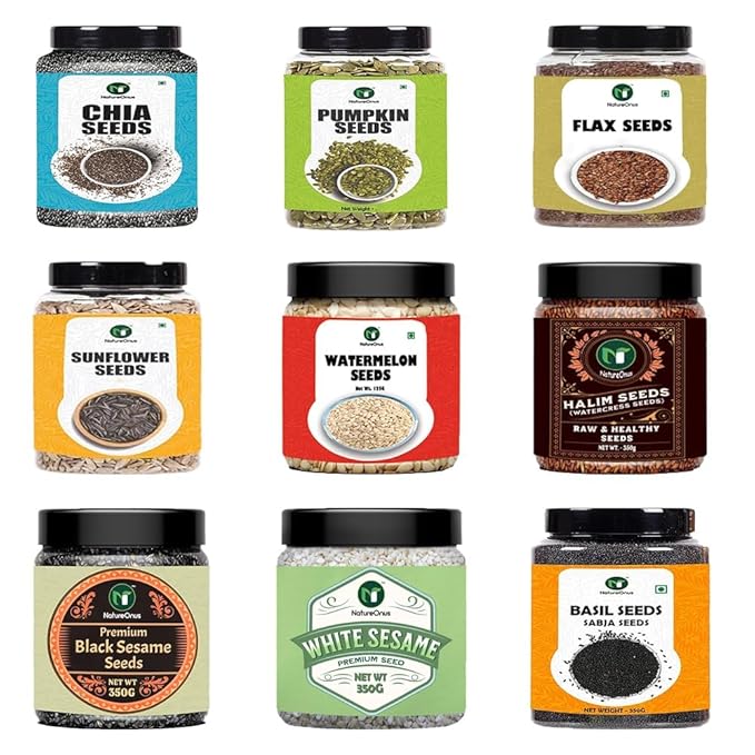 All Raw Seeds Combo Pack of 9-1125g | Chia Pumpkin Sunflower Flax Watermelon Halim White Sesame Black Sesame &amp Basil Seeds 125g Each | Seeds Mix Superfoods for Eating Combo Pack