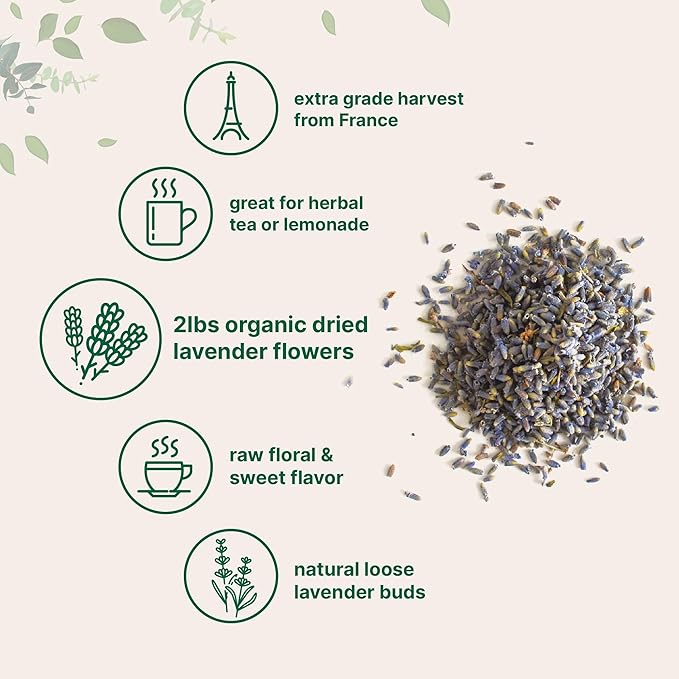 Organic Dried Lavender Flowers 2lbs (32oz) | Culinary Lavender from France for Tea Home Fragrance &amp Sachets | Food Grade Edible Buds | Non-GMO Bulk Supply