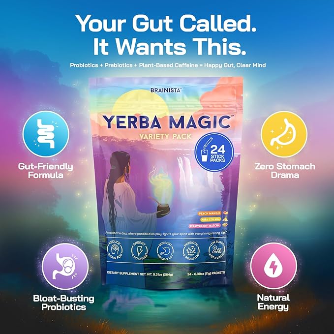 Yerba Magic Instant Yerba Mate Powder Packets – Clean Energy &amp Focus Drink Mix for Gut Health – Nootropic Blend with Lion’s Mane L-Theanine Prebiotics &amp Probiotics – Low Sugar Natural Caffei