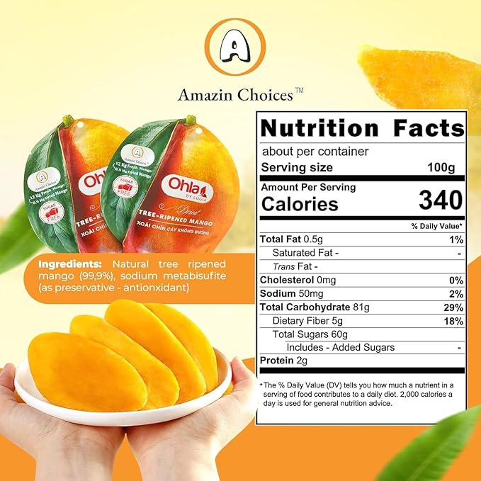 Dried Tree-Ripened Mango 21.15 Oz - Pack of 3 - Premium Dried Mango Strips Unsweetened Non-GMO Vegan Gluten Free Sugar-Free Fruit Slices by Amazin Choices. Snack Viet Mangoes Slices