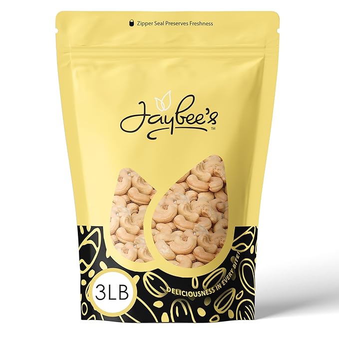 Jaybee’s Raw Whole Cashew Nuts 3 LB Bulk Resealable Bag – Natural Unsalted Cashews – Vegan Keto &amp Gluten-Free Snack for Cooking Baking &amp Snacking