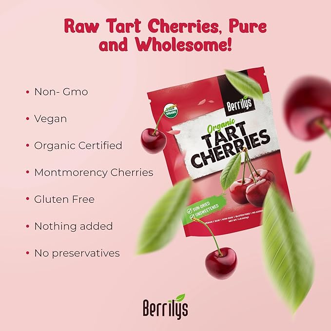 Berrilys Organic Unsweetened Dried Tart Cherries 1 lb (16 oz) - No Sugar Added Perfect for Baking Snacking &amp Salads - Unsweetened - Non-GMO Vegan Cherries for Healthy Living