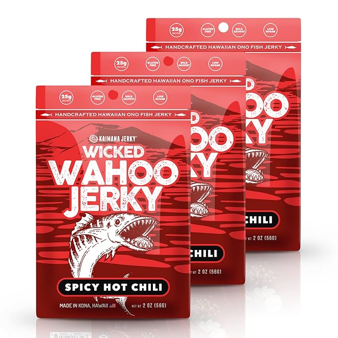 Spicy Chili Wahoo Ono Fish Jerky - Sweet &amp Hot Umami Flavor - Artisan Crafted Organic Omega-3 Rich Low-Calorie Low-Sodium &amp Low-Sugar Seafood Snack 2oz (Pack of 3)
