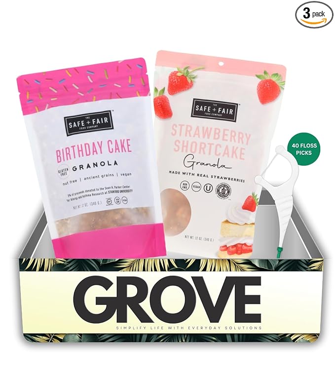 The Safe And Fair Food Company Granola Strawberry Shortcake 12 OZ Birthday Cake 12OZ Bundle with Dental Floss – Allergen-Free Plant-Based Granola with Clean Ingredients – Gift Set (3 Items)