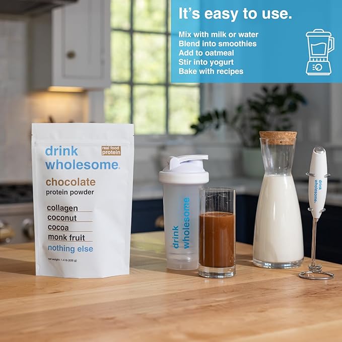drink wholesome Chocolate Collagen Protein Powder for Sensitive Stomachs | Minimally-Processed Whole-Food Protein | Additive-Free Dairy-Free Gluten-Free | Low FODMAP