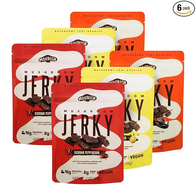 Mourish Vegan Mushroom Jerky Variety Pack 6 Pack (2 oz) Good Source of Protein and Fiber Plant Based Meat Meatless Healthy Snacks for Hiking Camping Work Travel &amp School