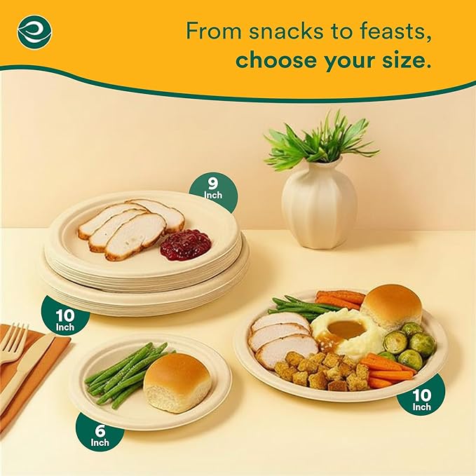 ECO SOUL 9 Inch Compostable Disposable Paper Plates [200 Pack] Food Safe 100% Virgin Bagasse Pulp Heavy Duty Biodegradable Microwave Safe Large Round Dinner Plate for Party Picnic &amp BBQ (Brown)