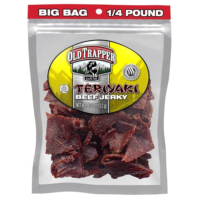 Old Trapper Beef Jerky Teriyaki 1/4-Pound Individual Package Savory and Sweet Meat Snack for Lunches or Between Meals 11 Grams of Protein Zero Grams of Fat 70 Calories per Serving (Pack of 8)