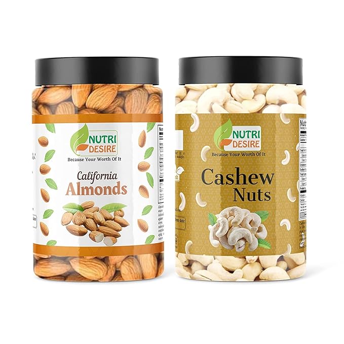Nutri Desire Combo Pack of 1kg California Almonds &amp Cashew Nuts|Kaju 500 gms Each Total 1 Kg [Jar Pack]