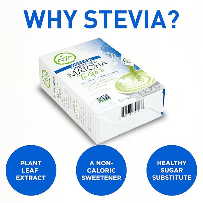 Aiya Sugar-Free Sweetened Matcha To Go Sticks - Stevia Sweetened Packets Premium Japanese Matcha Powder Gluten-Free - 10 Single-Serving Sticks