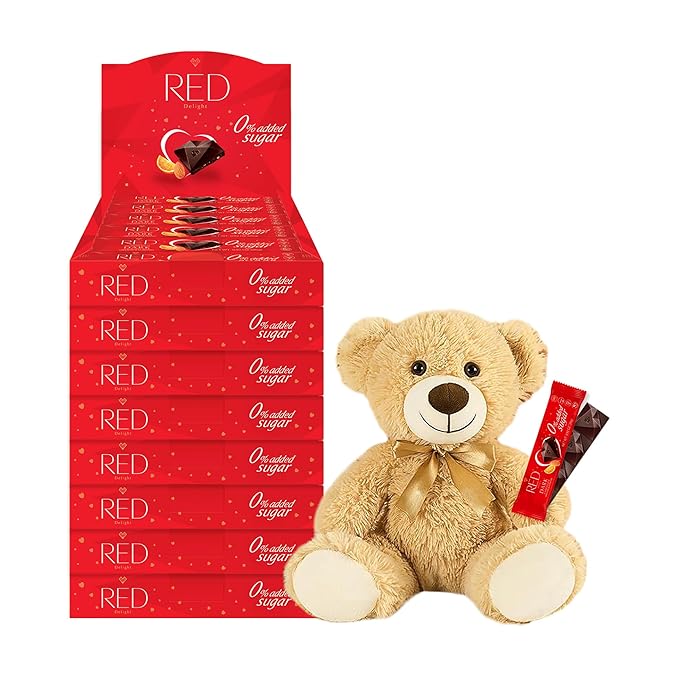 RED Delight®™ Orange and Almond Dark Chocolate 12 Count Box of Grab N Go Travel Size Bars (0.92 Ounces Each) (8 Boxes - Total of 96 Bars + 14 Plush Teddy Bear)