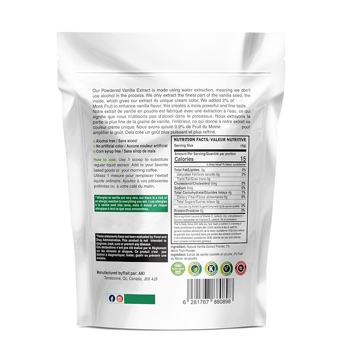 AKI Vanilla Extract Powder from Authentic Beans for Delicious Flavoring Cooking Baking Drinks Tea Coffee Smoothies Cocktails - Sugar-Free &amp Alcohol-Free (10.58OZ/300g)