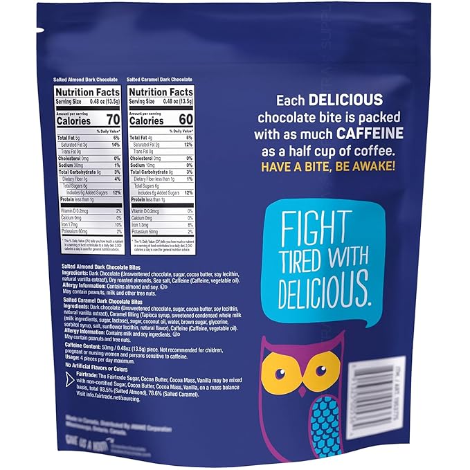 Awake_Caffeinated Chocolate Bites (32 Count. Value Pack) - Salted Almond &amp Salted Caramel Dark Chocolate - 50mg Caffeine Per Bite - Energy Boosting Snack - Individually Wrapped
