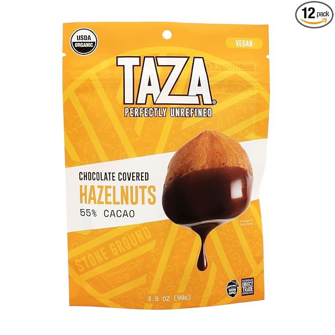 Taza Chocolate Organic Chocolate Covered Hazelnuts 55% Dark Chocolate 3.5 Oz (Pack of 12)