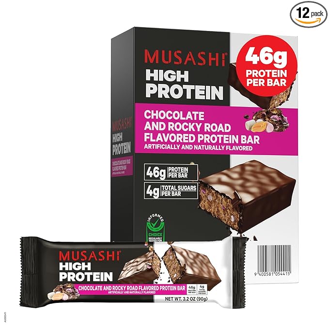 MUSASHI High Protein Bar 45g Protein 2g Total Sugars Rocky Road Post Workout and Protein Snack On The Go 12 Pack of 3.2oz (90g) Bars